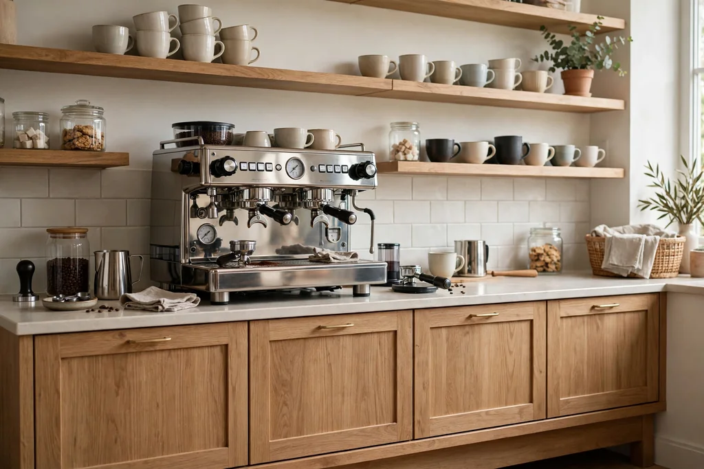 Kitchen coffee bar station with a machine, cups on open shelves, and closed storage below.