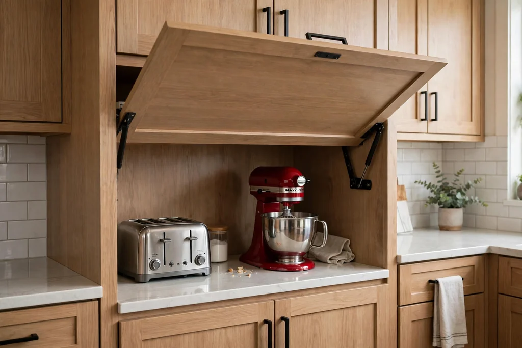 Appliance garage cabinet with a lift up door open showing a toaster and mixer on the counter.