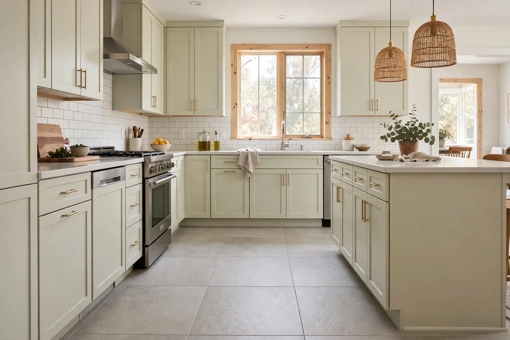 Kitchen with durable tile flooring, pale cabinets, and a clear walkway.