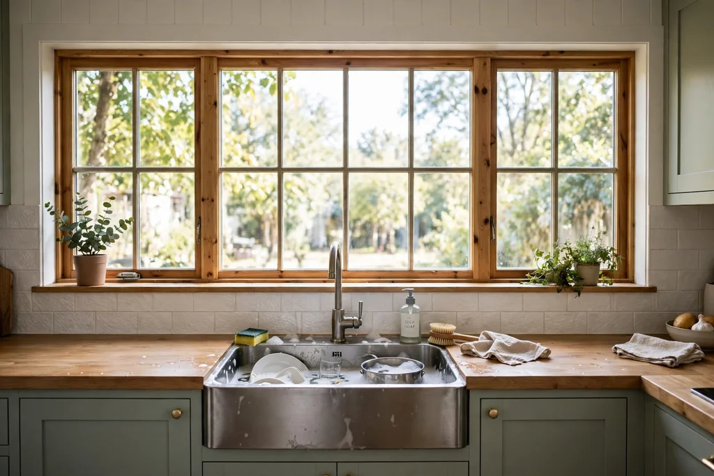 Kitchen sink below a large window with daylight over the washing up area.