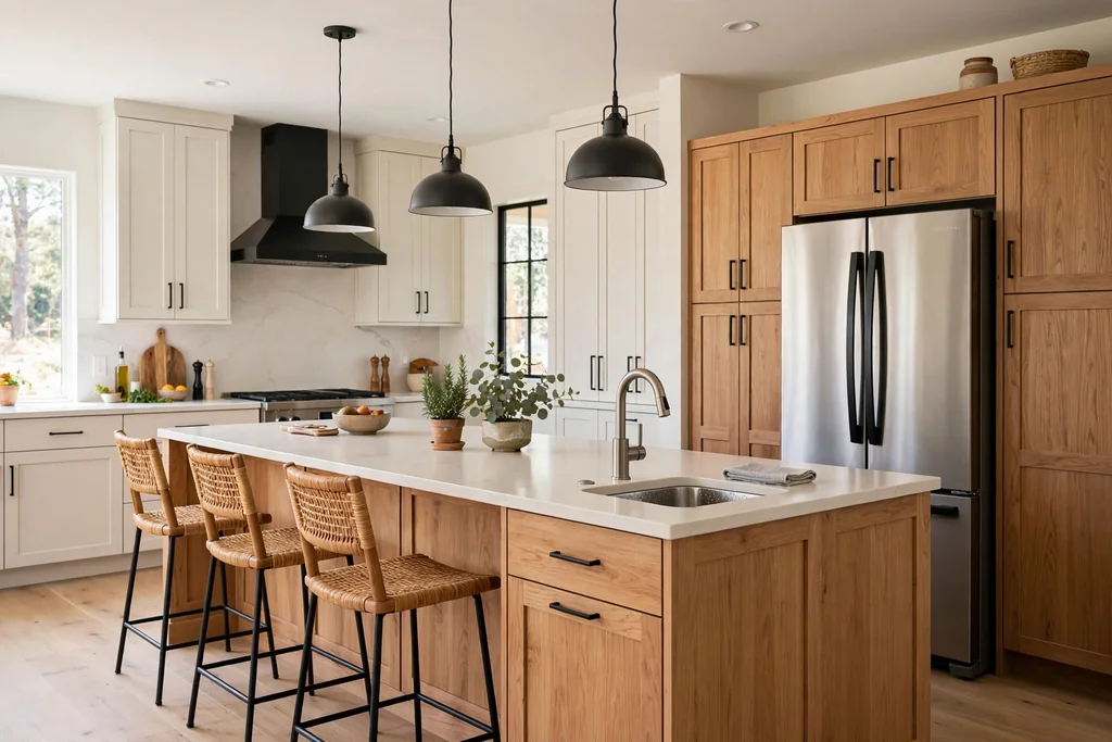 Kitchen island with a small prep sink at one end near the fridge.