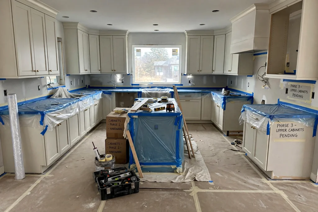 Kitchen remodel in progress in phases, with fitted cabinets and protected counters and floors.