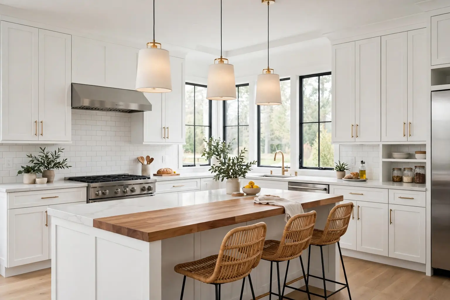 Wide bright remodeled kitchen with white cabinets, a wood topped island, quartz counters, and pendant lights in soft daylight.