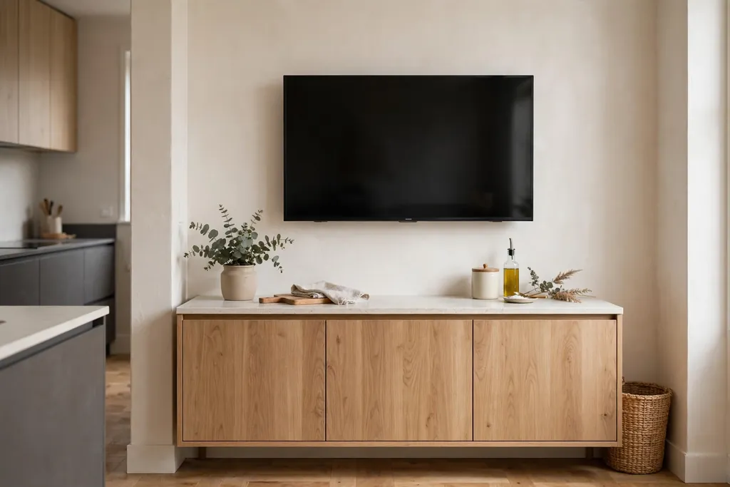 Television flush mounted on a kitchen wall above a low sideboard with closed storage.