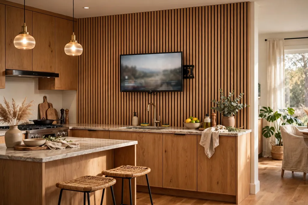 Television mounted on a vertical wood slat accent wall in a warm kitchen.
