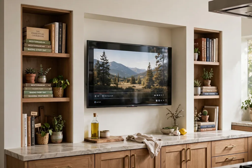 Television set into a recessed kitchen wall niche with shelves on each side.