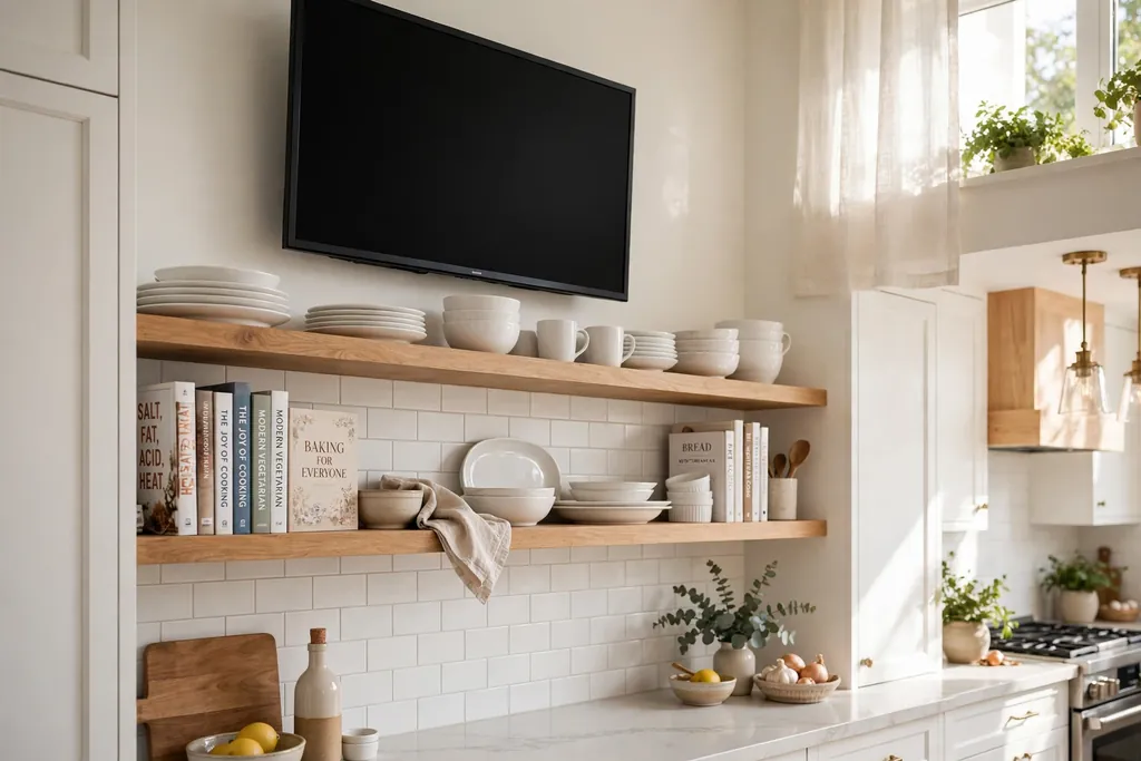 Television mounted above open kitchen shelves holding dishes and cookbooks.