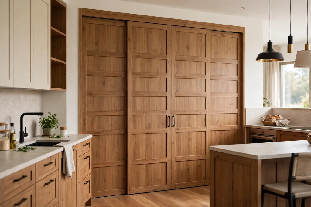 Kitchen television hidden behind closed sliding wood wall panels.