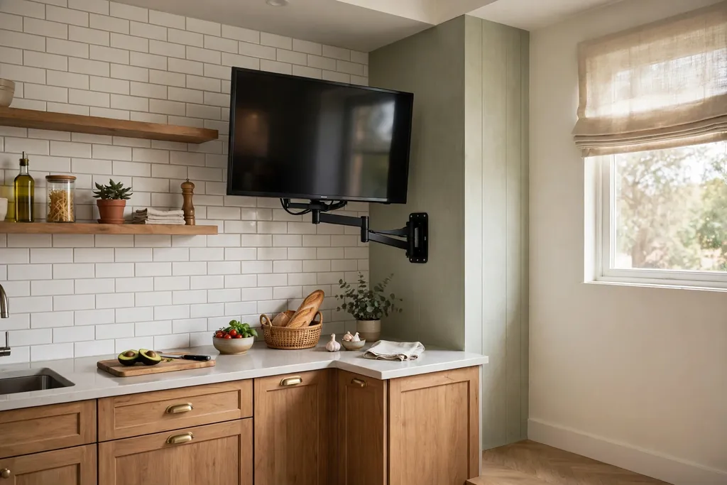 Television on a swivel mount angled in a kitchen corner nook.