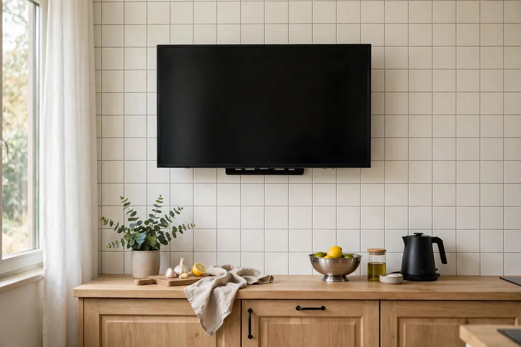 Television mounted on a tiled kitchen wall above a counter.