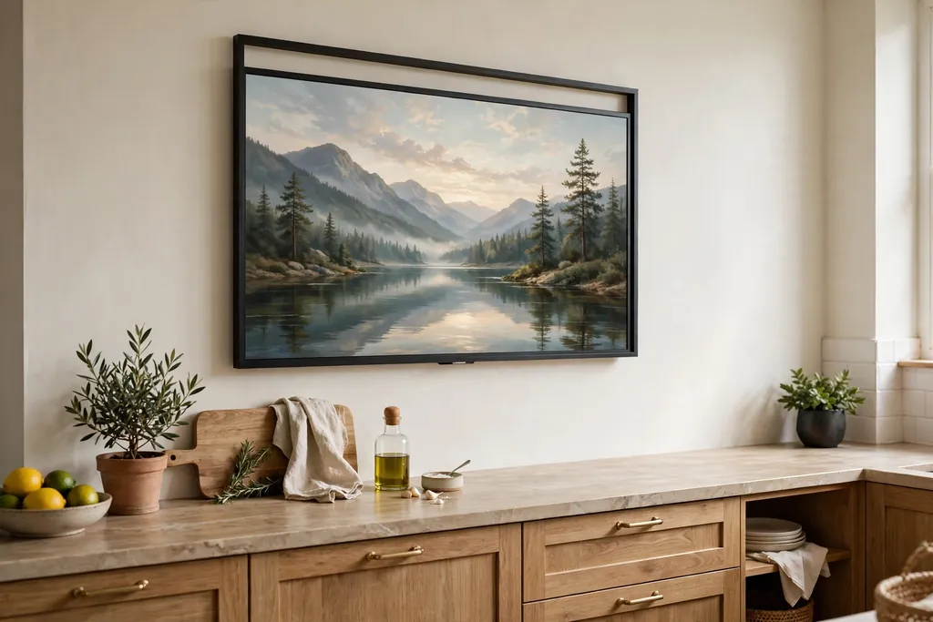 Television in a slim gallery frame displaying a calm art image on a kitchen wall.
