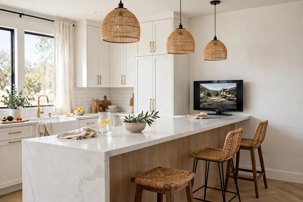 Television on the wall at the end of a kitchen breakfast bar with stools.