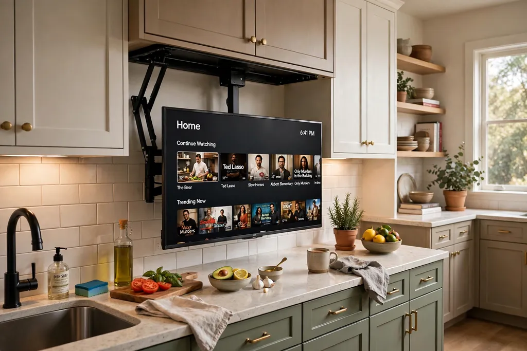 Television on a pull down mount lowered above a kitchen counter.