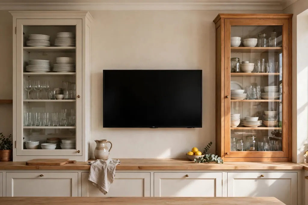 Television flanked by glass front kitchen cabinets holding dishes and glasses.