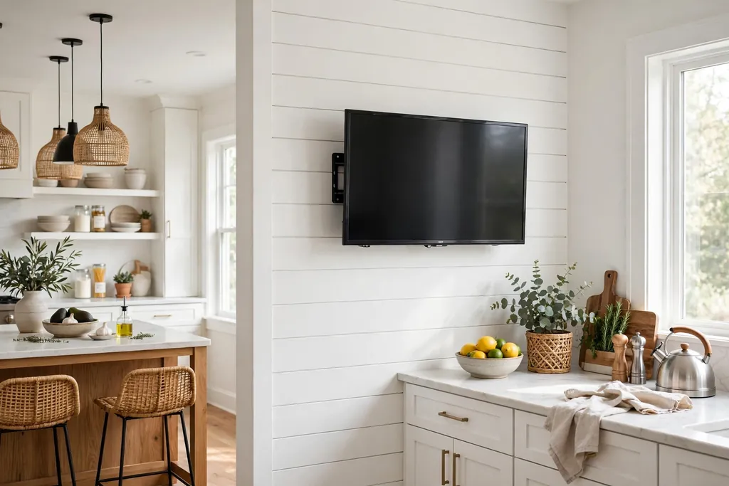 Television mounted on a painted shiplap feature wall in a bright kitchen.