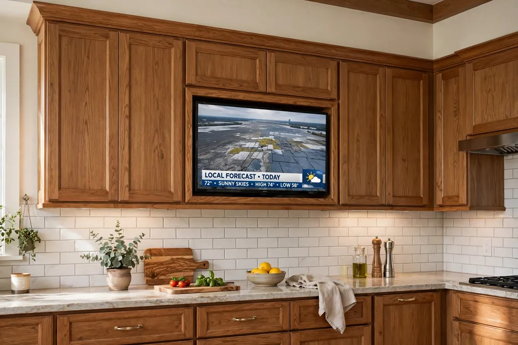 Television built into an upper kitchen cabinet run with matching trim.