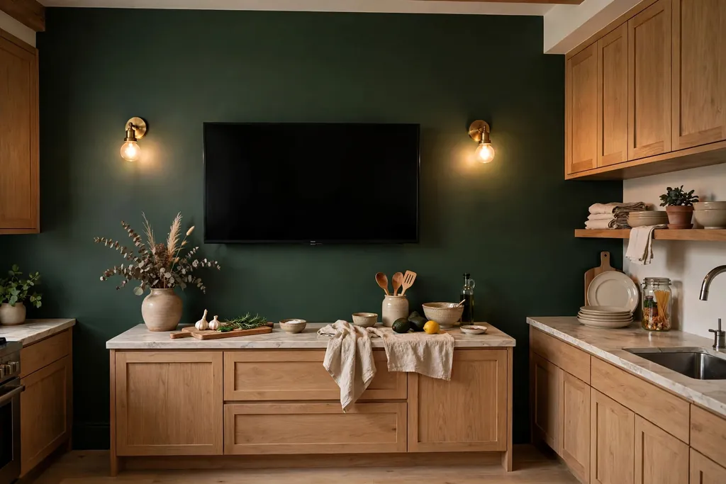 Television on a dark painted kitchen accent wall with soft warm lighting.