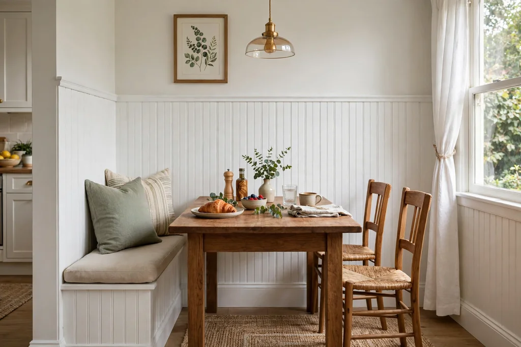 Kitchen dining nook wall with painted beadboard paneling.