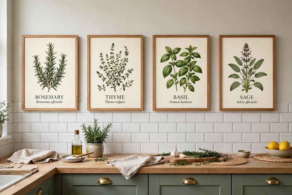 Kitchen wall with framed botanical herb prints in a row.