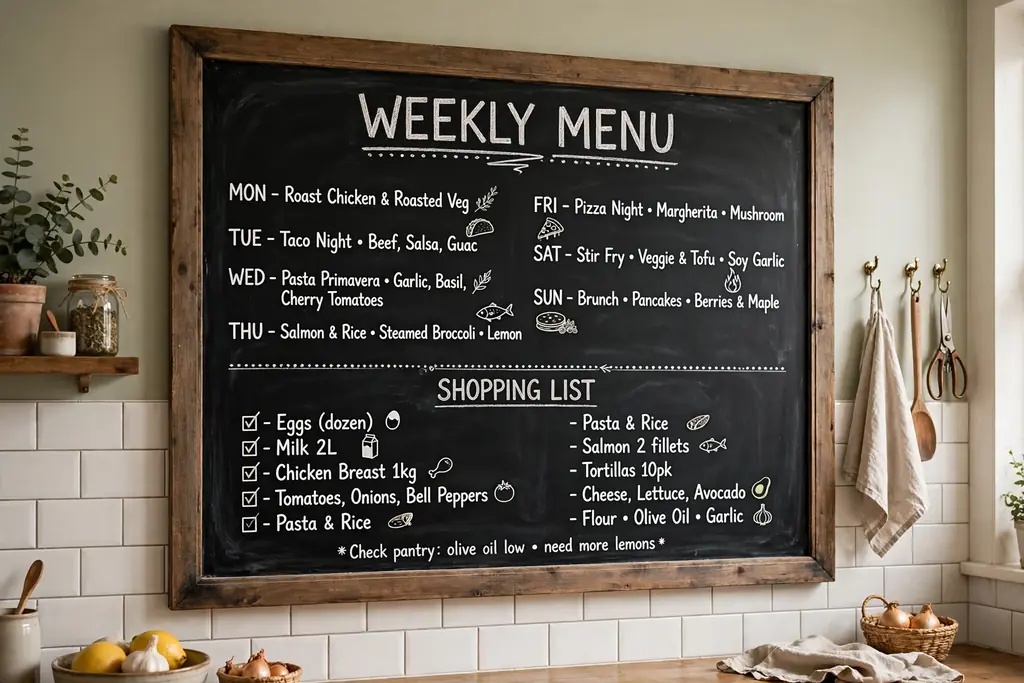 Kitchen wall with a framed chalkboard showing a weekly menu.