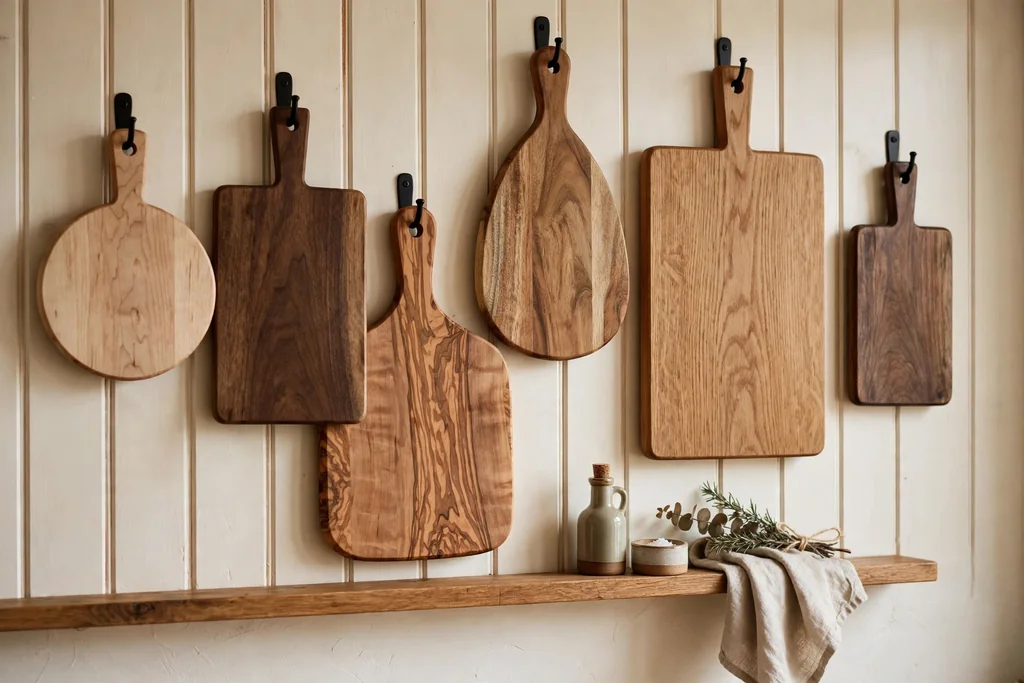 Kitchen wall with wood cutting boards of different sizes on hooks.