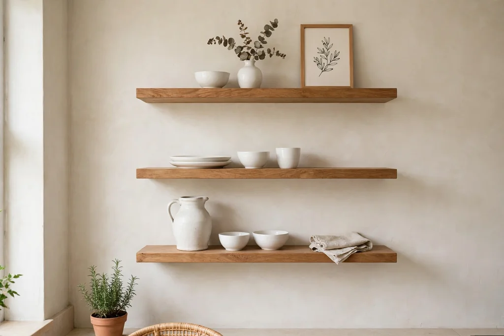 Kitchen wall with floating shelves holding ceramics and small art.