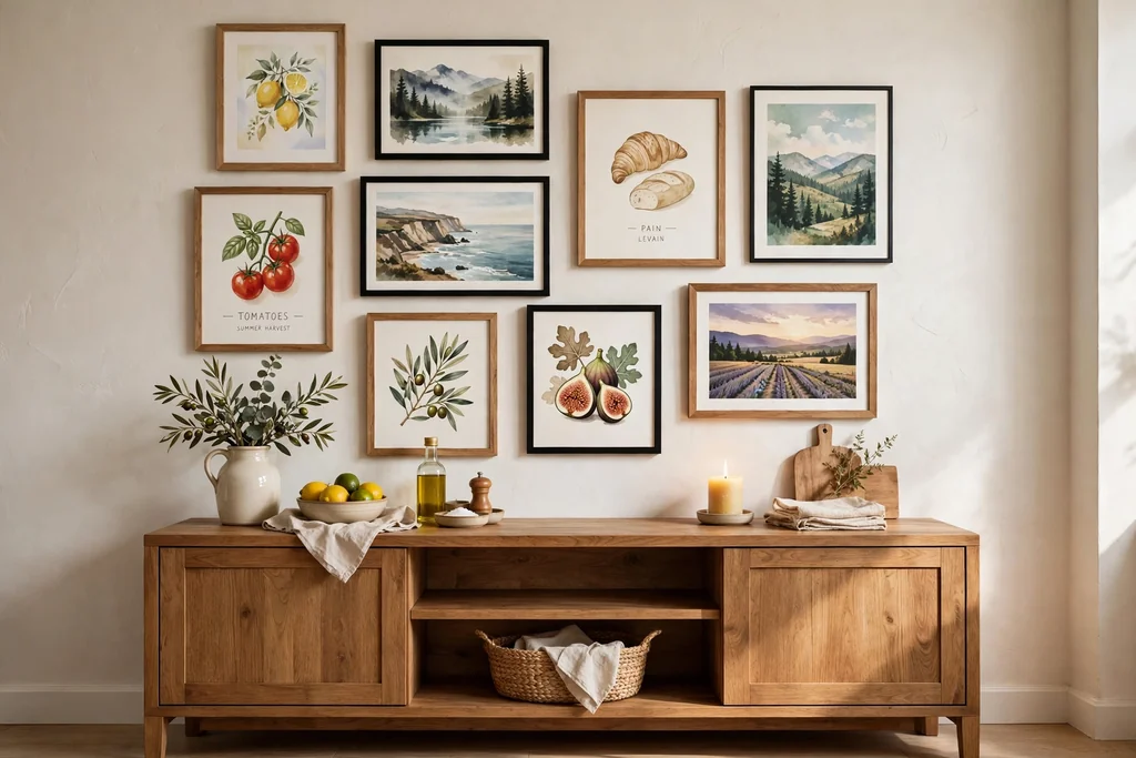 Kitchen wall with a framed print gallery wall above a sideboard.