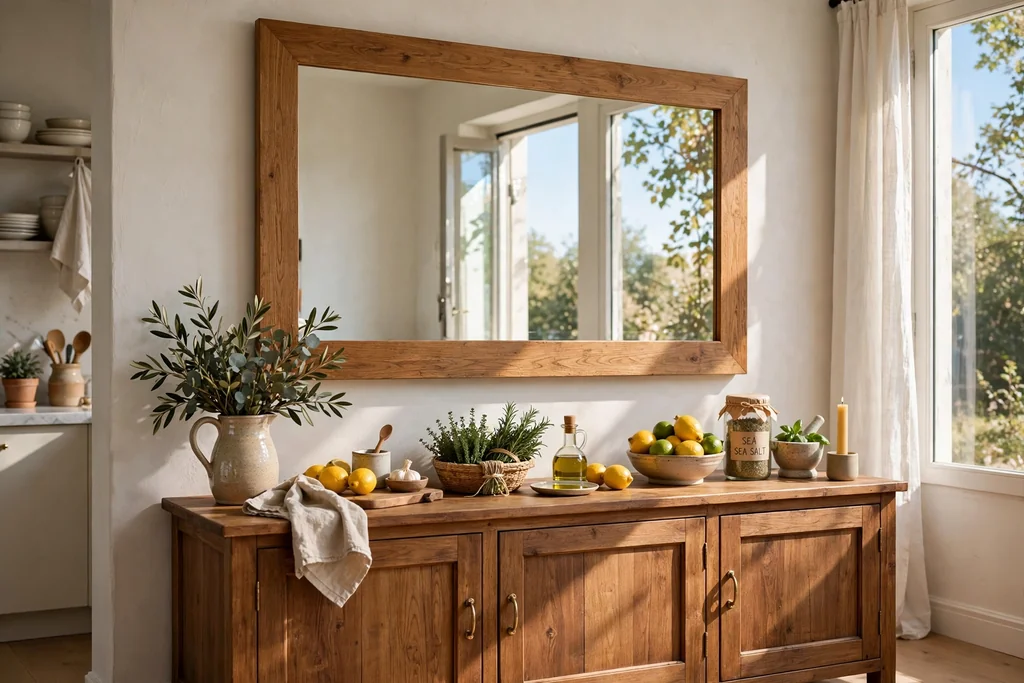 Kitchen wall with a large framed mirror above a sideboard.