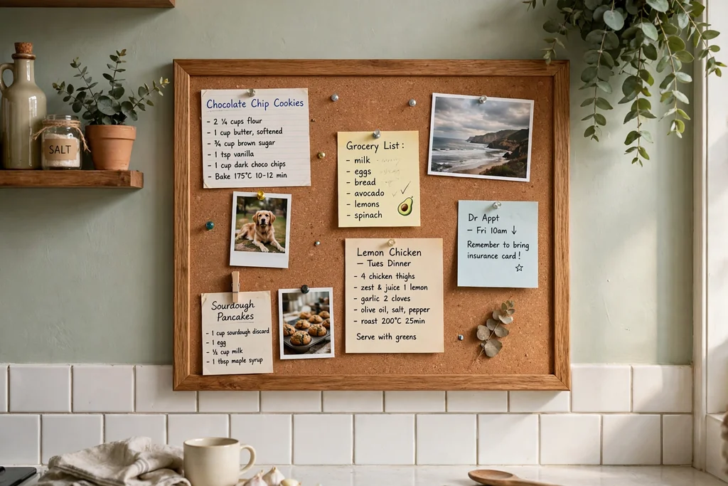 Kitchen wall with a framed memo board holding recipes and notes.