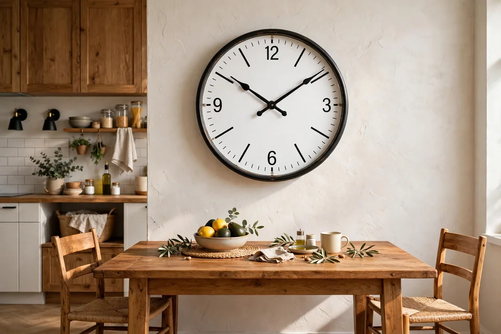 Kitchen wall with a large round wall clock above a table.