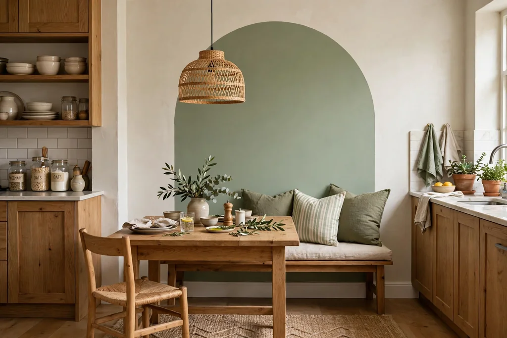 Kitchen dining nook wall with a painted arch accent behind a table.