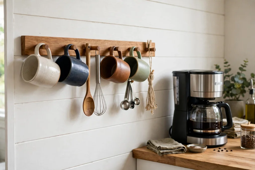 Kitchen wall with a wood peg rail holding mugs and small tools.