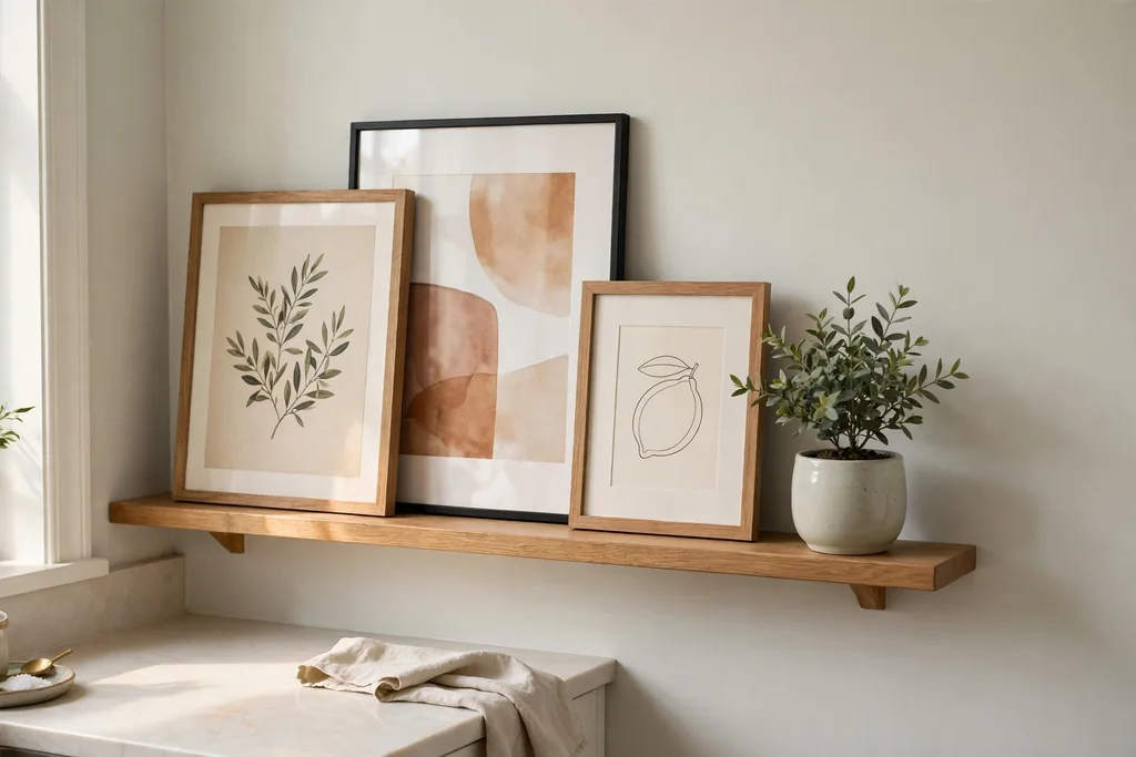Kitchen picture ledge with leaning framed art and a small plant.