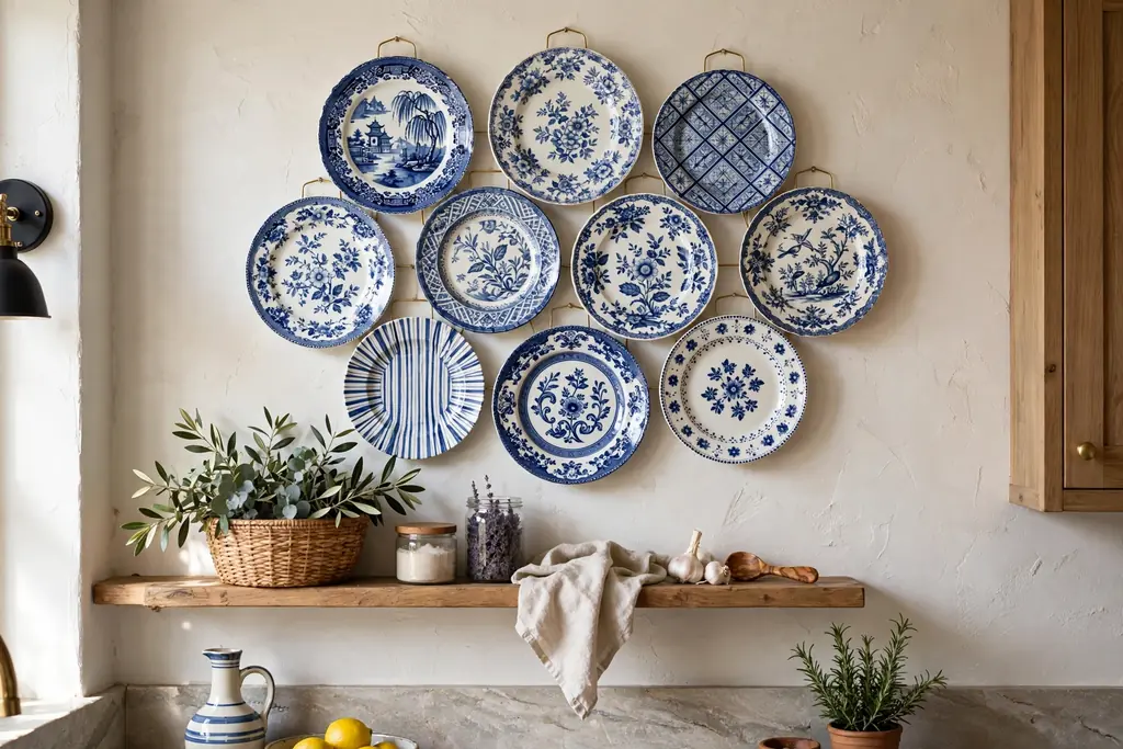 Kitchen wall with a display of patterned plates in a group.