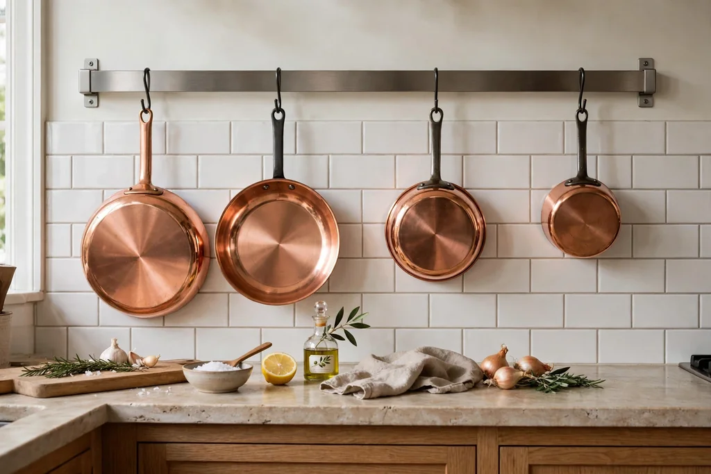 Kitchen wall with a pot rail holding copper pans above a counter.
