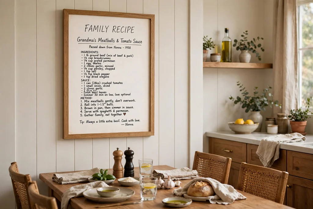 Kitchen wall with a framed family recipe print near a dining area.