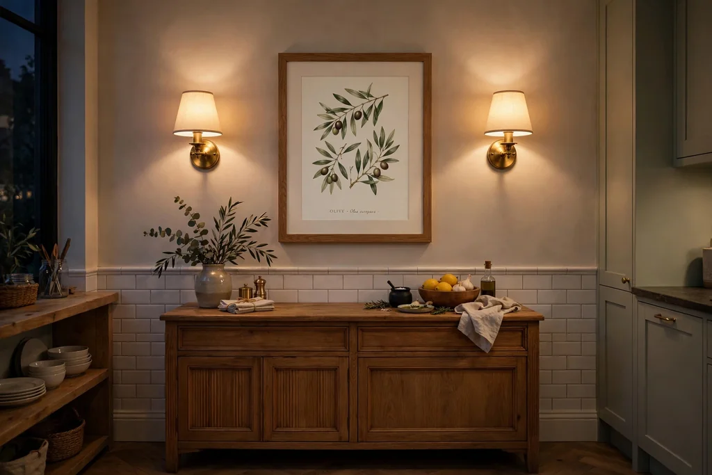 Kitchen wall with sconces on each side of a framed print.