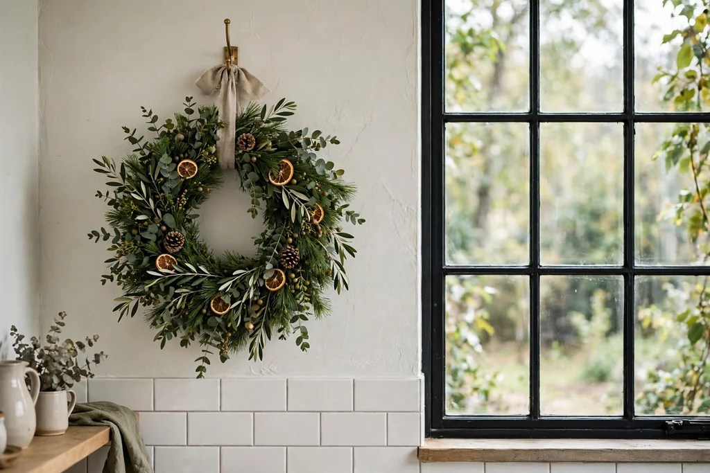 Kitchen wall with a seasonal green wreath on a hook.