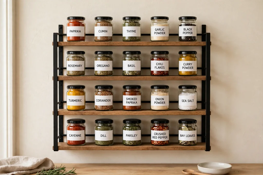 Kitchen wall with a mounted rack of small labelled spice jars.