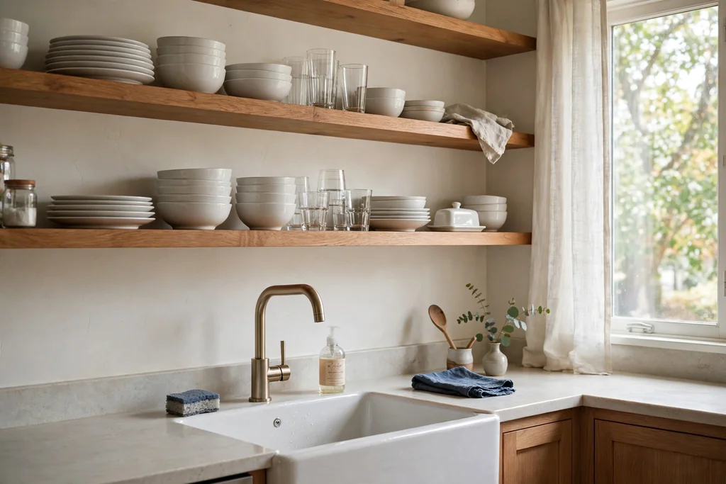 Open wood shelves holding everyday white plates, bowls and glasses near a kitchen sink.