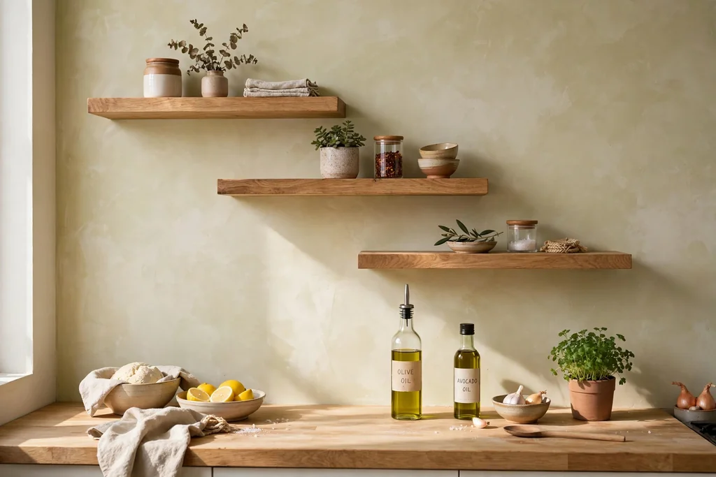 Staggered floating wood shelves above a kitchen prep counter holding bowls, oils and a small plant.