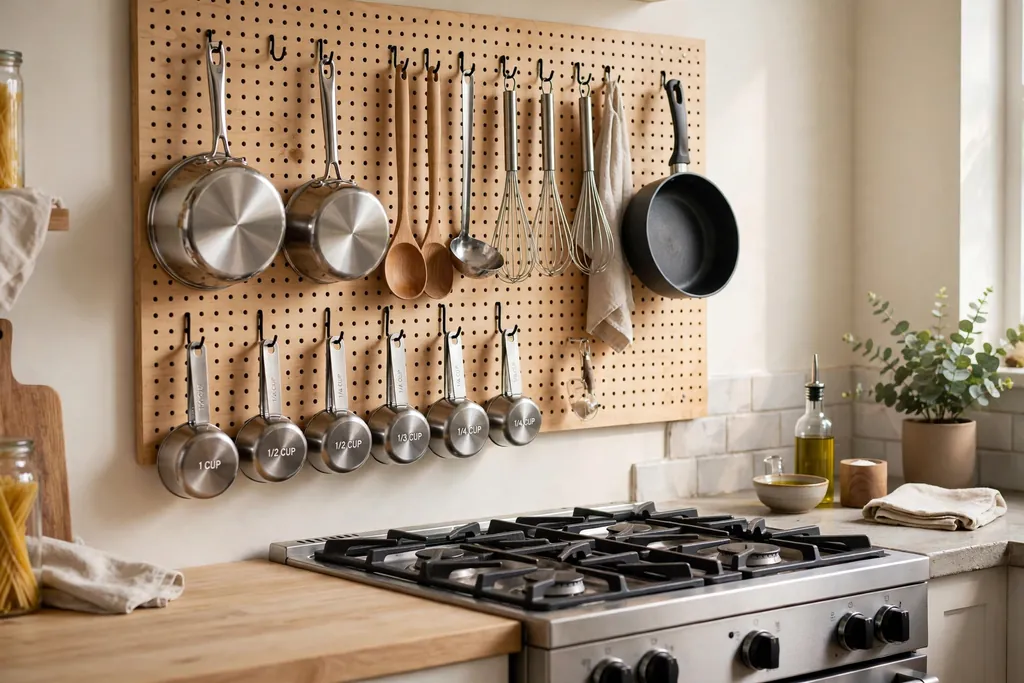 Kitchen pegboard wall with hanging saucepans, ladles, whisks and measuring cups on hooks.
