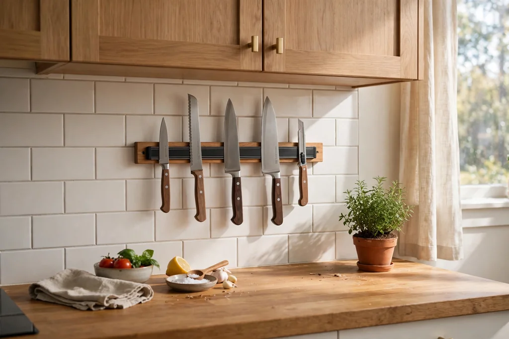 Magnetic knife strip on a kitchen wall holding several kitchen knives above a counter.