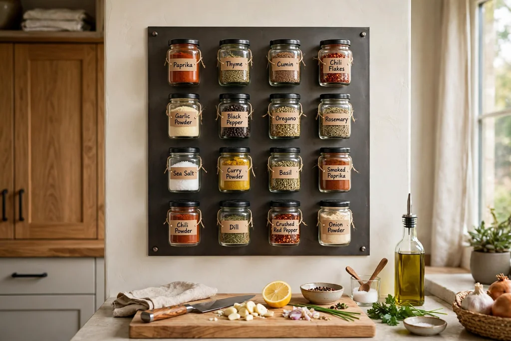Steel board on a kitchen wall covered with small labelled magnetic spice jars.