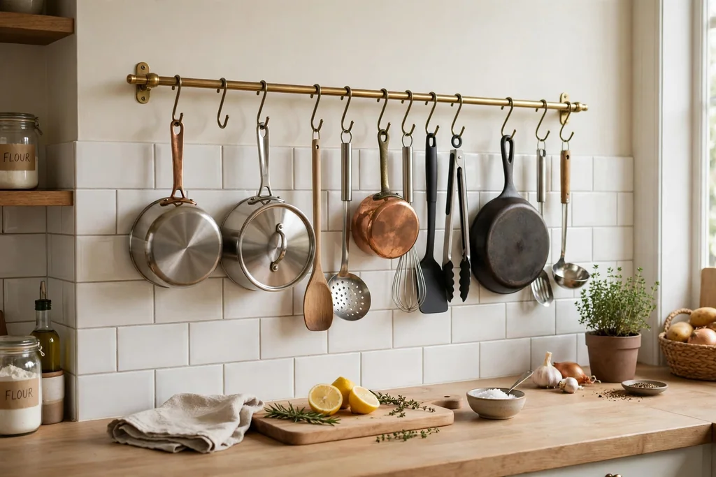Kitchen wall pot rail with saucepans and utensils hanging on S-hooks above a counter.