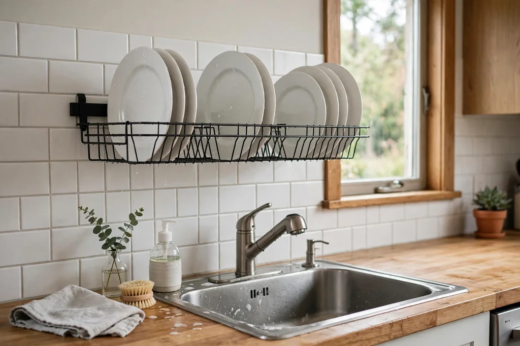 Wall mounted dish rack with clean white plates drying over a kitchen sink.