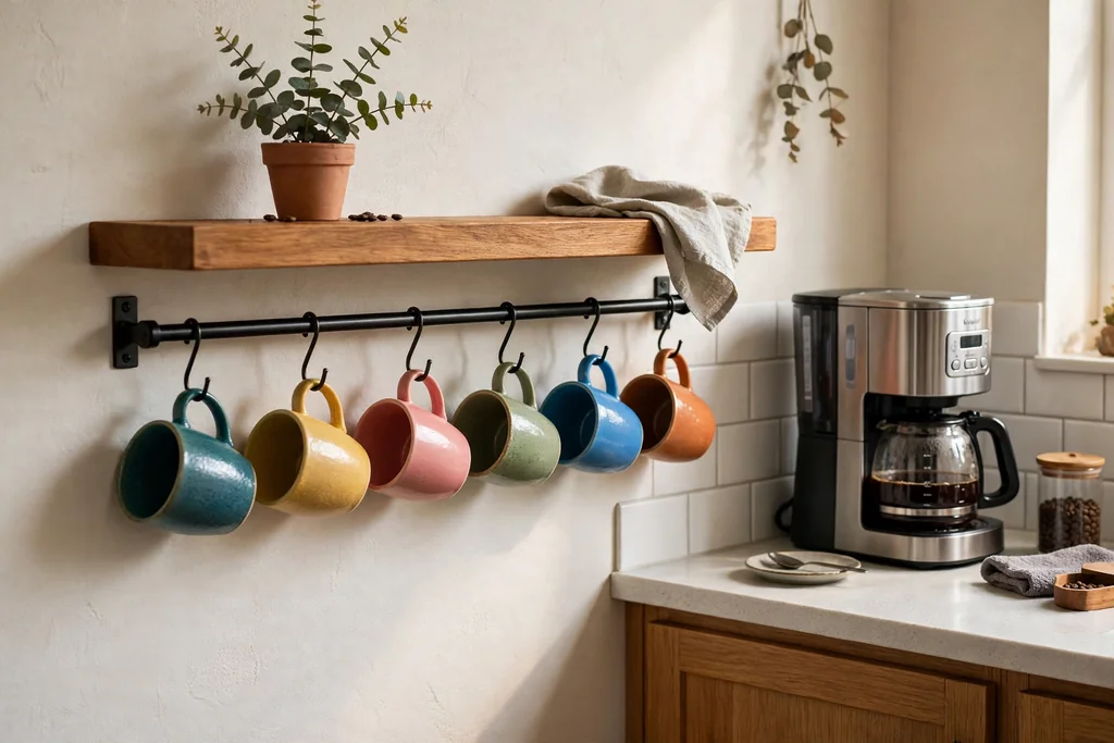 Kitchen wall rail with mugs hanging on hooks under a wood shelf beside a coffee maker.