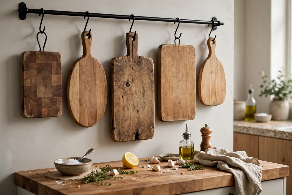 Wood cutting boards of different sizes hanging on hooks on a kitchen wall rail.