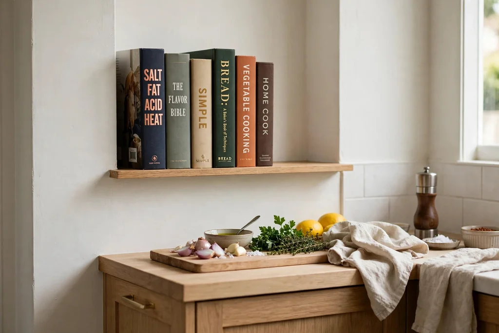 Shallow ledge shelf on a kitchen wall holding upright cookbooks with their spines out.