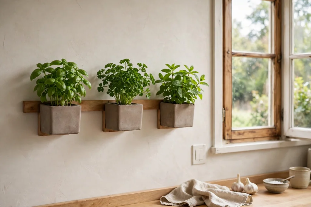 Small wall mounted planters holding fresh basil, parsley and mint herbs near a kitchen window.